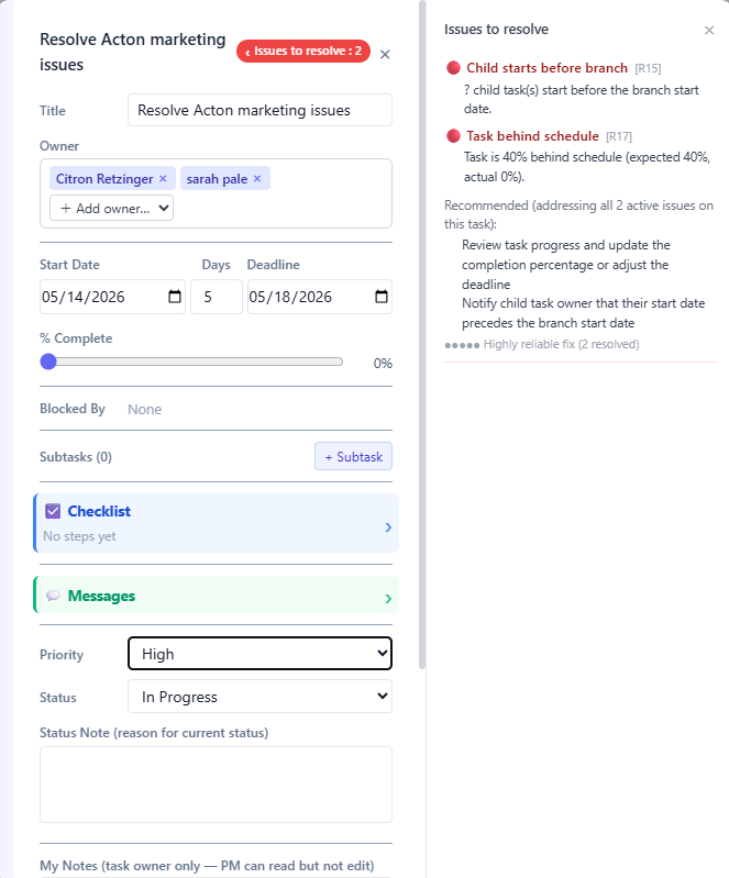 S-BIZ task modal showing two violations detected — R15 and R17 — with specific descriptions and actionable recommendations